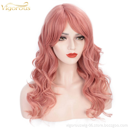 24 Inches Long Wave Hair Extension Wigs Pink Heat Resistant Full Cheap Woman Synthetic Hair Wig With Bangs No Lace Cosplay Use